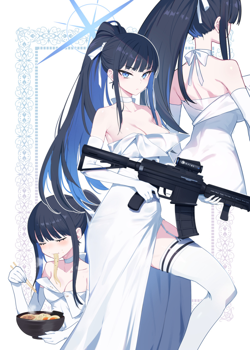 1girl black_hair blue_archive blue_eyes blue_hair blue_halo blush breasts choker chopsticks cleavage closed_eyes closed_mouth colored_inner_hair dress eating elbow_gloves food gloves gun halo highres holding holding_chopsticks holding_gun holding_weapon large_breasts long_hair looking_at_viewer matsumoto_tomoyohi multicolored_hair noodles official_alternate_costume ramen saori_(blue_archive) saori_(dress)_(blue_archive) solo strapless strapless_dress thighhighs weapon white_choker white_gloves white_thighhighs