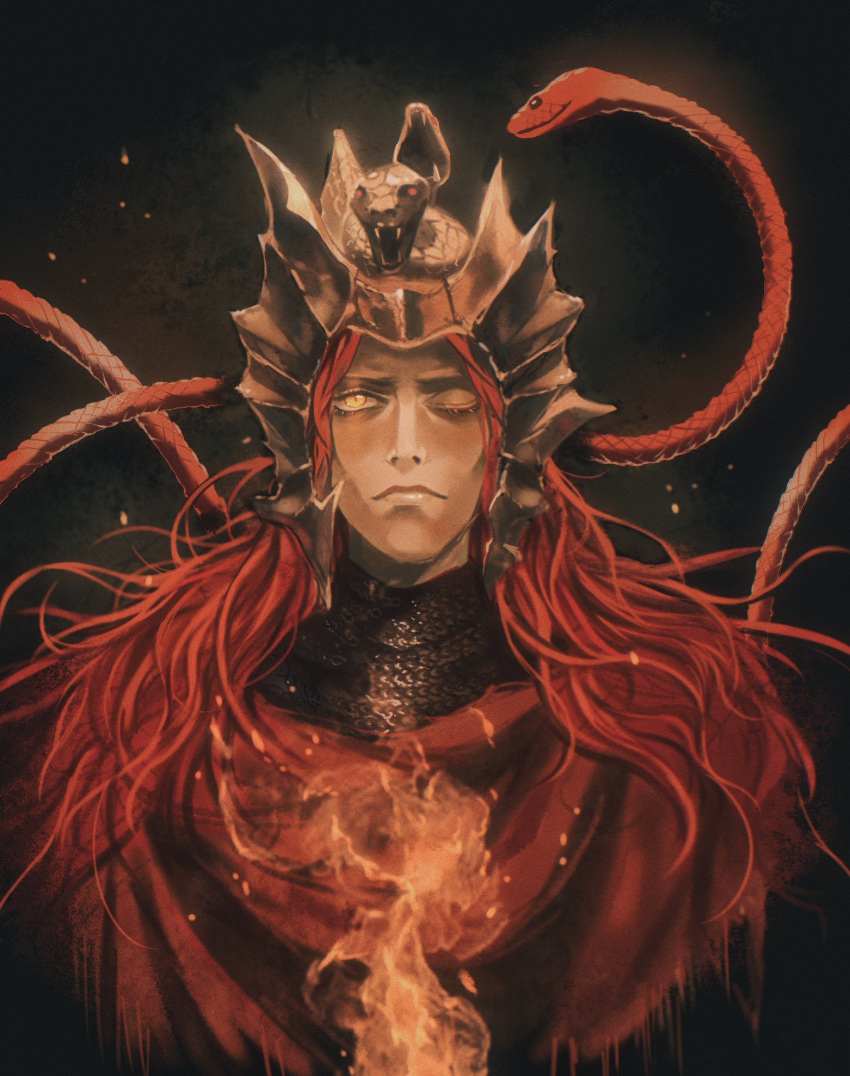 1boy armor black_snake chainmail commentary elden_ring embers english_commentary fire helmet highres long_hair looking_at_viewer messmer_the_impaler one_eye_closed ornate_armor red_hair red_snake slit_pupils snake snake_on_shoulder solo winged_helmet yellow_eyes yujia0412