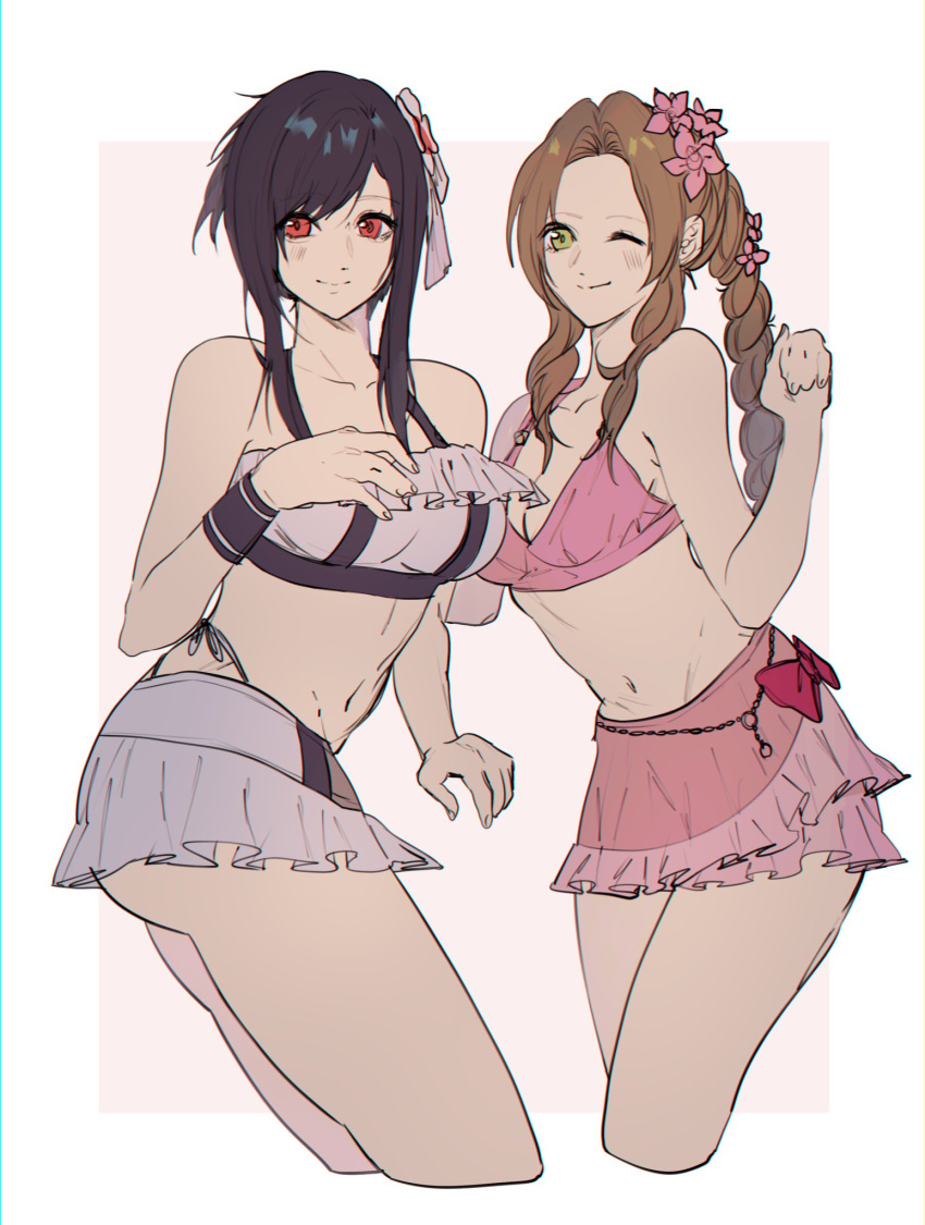 2girls aerith_gainsborough bikini bikini_skirt black_hair breasts brown_hair cleavage cropped_legs final_fantasy final_fantasy_vii final_fantasy_vii_rebirth final_fantasy_vii_remake green_eyes highres looking_at_viewer multiple_girls navel official_alternate_costume official_alternate_hairstyle one_eye_closed pink_bikini sera_(serappi) smile stomach swimsuit tifa_lockhart white_bikini