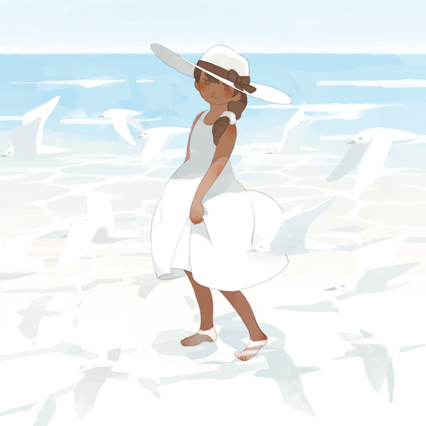 animal bad_id bad_pixiv_id barefoot beach bird bow brown_bow brown_eyes brown_hair dark_skin dress hat hat_bow highres looking_at_viewer namito original outdoors side_ponytail sleeveless sleeveless_dress solo standing sun_hat sundress water white_dress