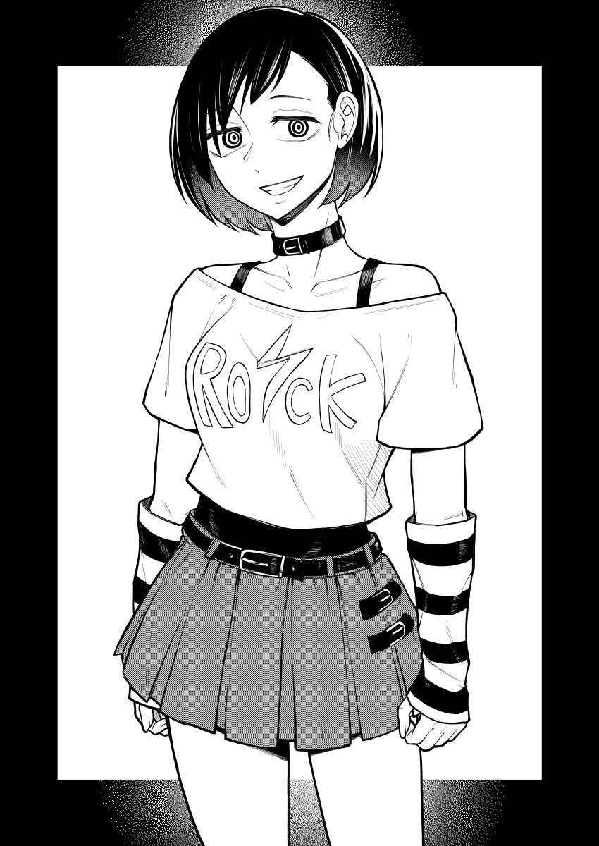 absurdres belt black_choker black_hair boku_no_kokoro_no_yabai_yatsu bra_strap breasts buckle choker collarbone greyscale grin haigyo1 hair_over_one_eye highres ichikawa_kana leather_belt medium_breasts miniskirt monochrome off_shoulder ringed_eyes shirt short_hair skirt smile standing thighs