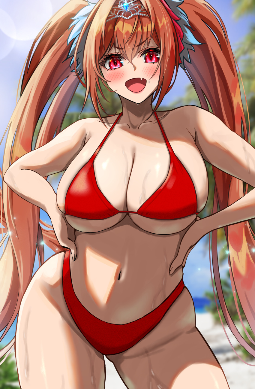 1girl absurdres animal_ears azuki_(azuki_azukki) bikini bikini_skirt blush breasts brown_hair cleavage cloud commentary_request daiwa_scarlet_(umamusume) day fang frilled_bikini frills hair_bobbles hair_intakes hair_ornament hands_on_own_hips highres horse_ears horse_girl horse_tail large_breasts lens_flare long_hair low_twintails navel ocean official_alternate_costume open_mouth outdoors red_bikini red_eyes red_ribbon ribbon skin_fang solo stomach sweat swimsuit tail textless_version twintails umamusume very_long_hair