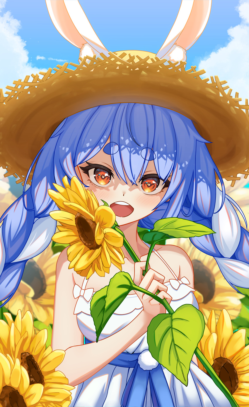 1girl absurdres animal_ears bare_shoulders blue_bow blue_dress blue_hair blue_sky bow braid brown_headwear cloud collarbone cumulonimbus_cloud dress field flower flower_field hair_between_eyes hat highres holding holding_flower hololive looking_at_viewer mcbox open_mouth orange_eyes outdoors pom_pom_(clothes) rabbit_ears sky spaghetti_strap straw_hat sunflower sunflower_field teeth thick_eyebrows twin_braids twintails upper_body upper_teeth_only usada_pekora virtual_youtuber waist_bow white_bow