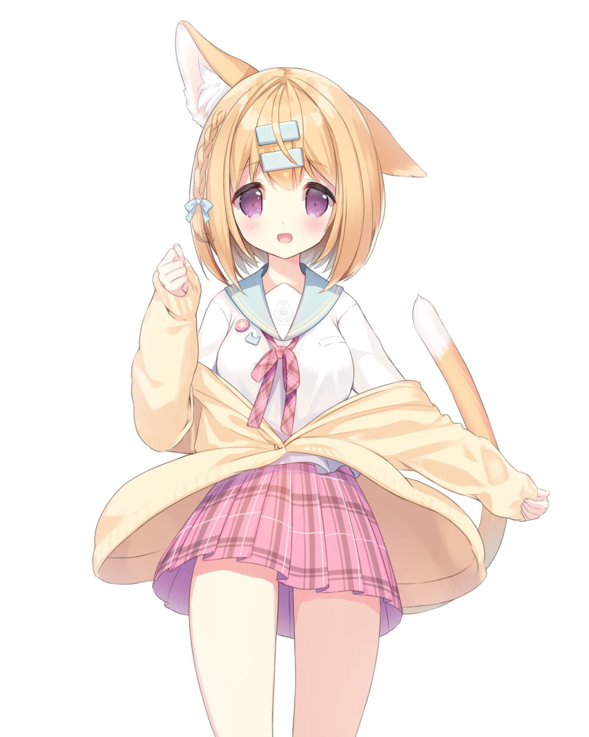 1girl :d animal_ears blonde_hair blue_bow blue_sailor_collar blush bow braid breasts cat_day cat_ears cat_girl cat_tail clenched_hand commentary_request hair_between_eyes hair_bow hair_ornament hairclip hand_up highres iku_kurumi jacket long_sleeves looking_at_viewer medium_breasts mofu-mofu_after_school mofumofu_channel mofumofu_time! off_shoulder open_clothes open_jacket p19 pinching_sleeves pink_skirt plaid plaid_skirt pleated_skirt puffy_long_sleeves puffy_sleeves purple_eyes sailor_collar school_uniform serafuku shirt simple_background single_braid skirt sleeves_past_wrists smile solo tail white_background white_shirt yellow_jacket