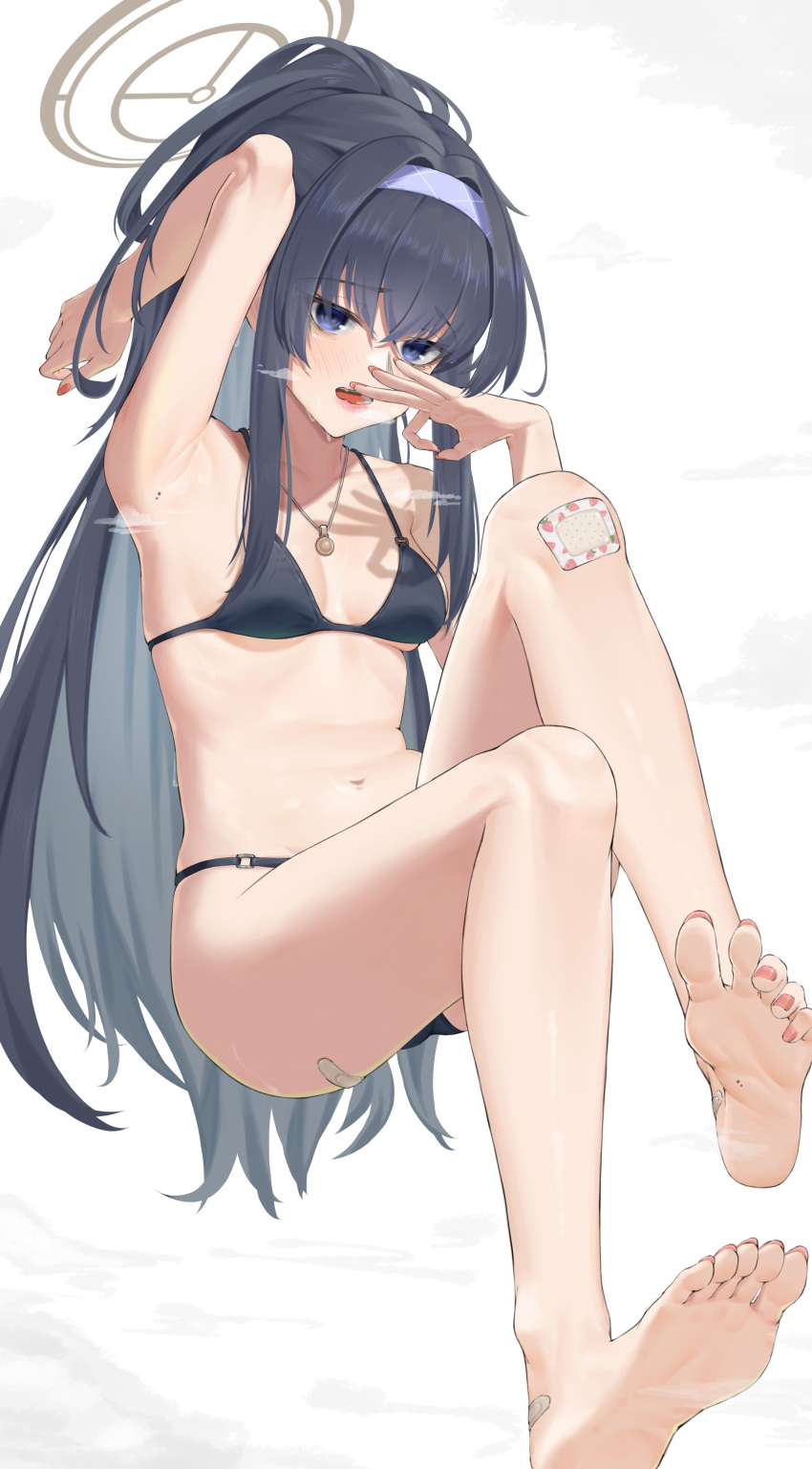 1girl absurdres arm_up armpits bandaid bandaid_on_foot bandaid_on_knee bandaid_on_leg bandaid_on_thigh bangom_r bikini black_bikini black_hair blue_archive blue_eyes blush breasts collarbone feet fingernails hair_between_eyes hairband halo high_ponytail highres jewelry legs long_fingernails long_hair long_toenails looking_at_viewer mole mole_on_armpit mole_on_foot nail_polish navel necklace ok_sign open_mouth pink_lips pink_nails purple_hairband small_breasts solo steaming_body stomach sweat swimsuit toenail_polish toenails ui_(blue_archive) ui_(swimsuit)_(blue_archive) very_long_hair