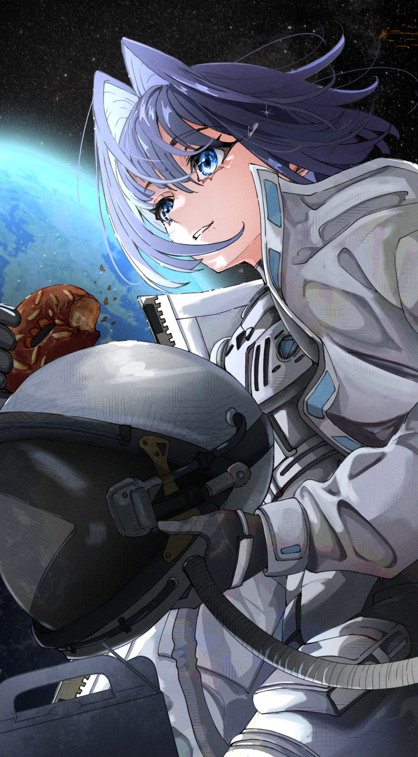 1girl black_gloves blue_eyes blue_hair doughnut earth_(planet) eating food gloves hair_intakes helmet highres hololive hololive_english mouchu ouro_kronii planet space space_helmet spacesuit tears unworn_headwear unworn_helmet virtual_youtuber