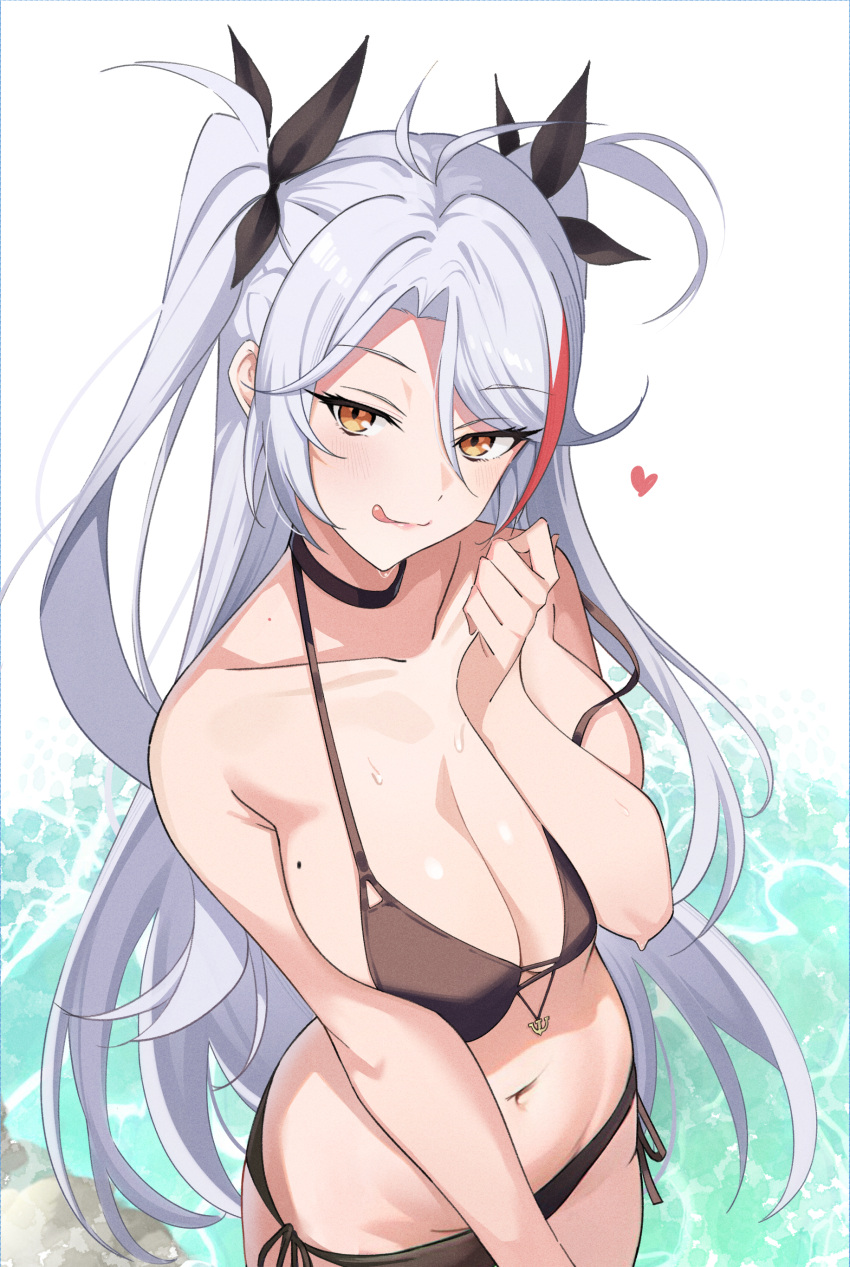 1girl absurdres azur_lane bikini black_bikini black_choker black_ribbon breasts choker collarbone commentary hair_ribbon highres large_breasts long_hair looking_at_viewer mole mole_on_breast navel prinz_eugen_(azur_lane) ribbon side-tie_bikini_bottom solo swimsuit symbol-only_commentary white_hair xiaoxiao_de_kuangsan yellow_eyes