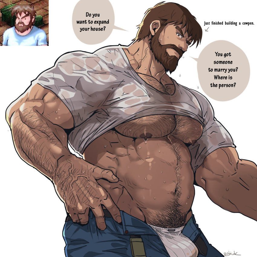 1boy arm_hair bara bare_pectorals beard blue_pants bokujou_monogatari brown_hair bulge chest_hair closed_mouth clothes_lift english_text facial_hair game_screenshot_inset gotz_(bokujou_monogatari) highres large_pectorals looking_at_viewer male_focus male_pubic_hair male_underwear muscular muscular_male navel nipples open_pants pants pectorals pubic_hair rybiok shirt shirt_lift short_hair solo underwear white_male_underwear white_shirt