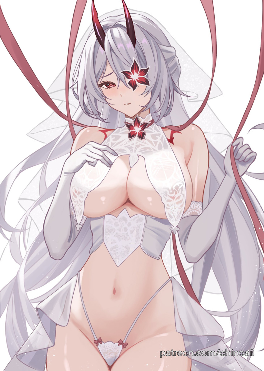1girl acheron_(honkai:_star_rail) alternate_costume bare_shoulders breasts bridal_veil chinoa commentary cowboy_shot crop_top elbow_gloves gloves groin highres honkai:_star_rail honkai_(series) horns large_breasts long_hair looking_at_viewer midriff navel official_alternate_eye_color official_alternate_hair_color panties red_eyes simple_background solo standing stomach underwear veil very_long_hair white_background white_gloves white_hair white_panties