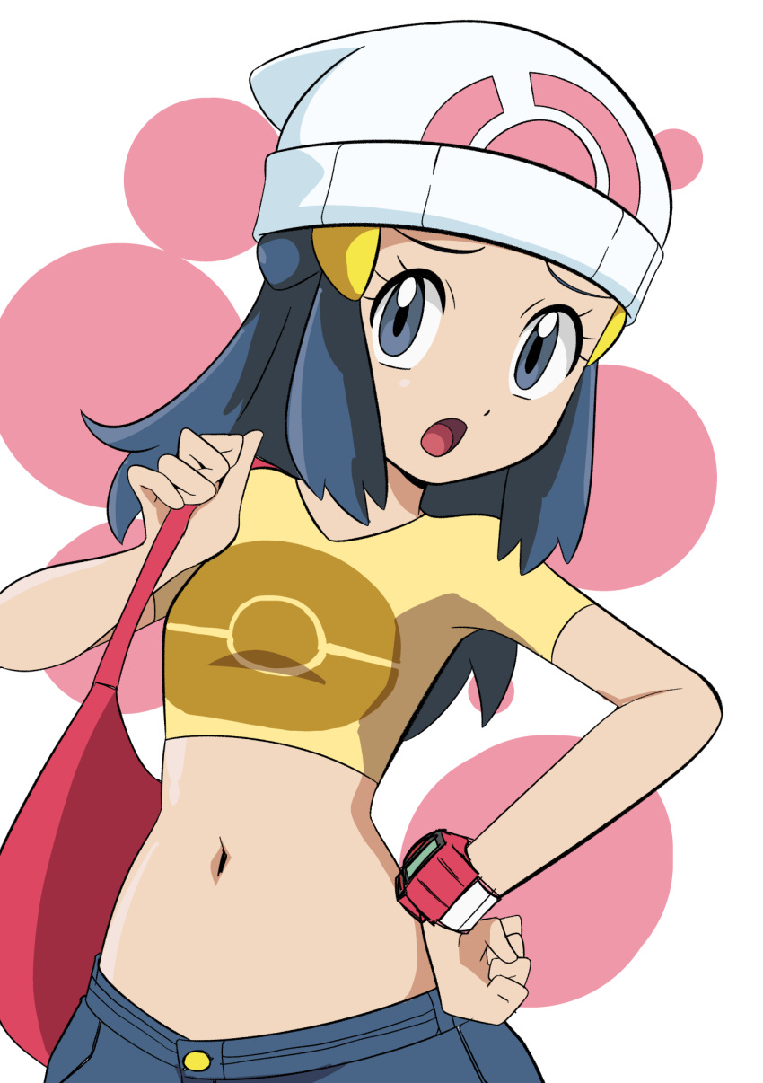 1girl :o alternate_costume bag beanie black_hair commentary_request cropped_shirt dawn_(pokemon) eyelashes grey_eyes grey_shorts hainchu hair_ornament hairclip hand_on_own_hip handbag hat highres holding_strap long_hair midriff navel open_mouth pink_bag pokemon pokemon_(anime) pokemon_journeys shirt short_sleeves shorts sidelocks solo tongue white_background white_headwear yellow_shirt