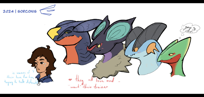 absurd_res behind_another bodily_fluids concept garchomp generation_3_pokemon generation_4_pokemon generation_6_pokemon hi_res human male mammal nintendo noivern pokemon pokemon_(species) sceptile size_difference sketch swampert sweat thought_bubble worried