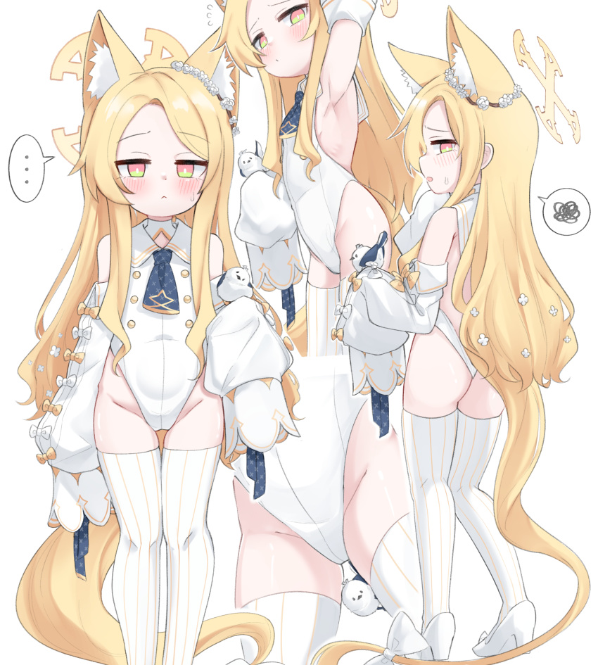 ... 1girl animal animal_ear_fluff animal_ears armpits ass bare_shoulders bird blonde_hair blue_archive blush closed_mouth detached_sleeves dress extra_ears fox_ears fox_tail groin halo high_heels highres jokebag long_hair multiple_views open_mouth seia_(blue_archive) simple_background sleeves_past_fingers sleeves_past_wrists spoken_ellipsis spoken_squiggle squiggle striped_clothes striped_thighhighs tail thighhighs vertical-striped_clothes vertical-striped_thighhighs white_background white_bird white_dress white_footwear white_sleeves white_thighhighs yellow_eyes yellow_halo