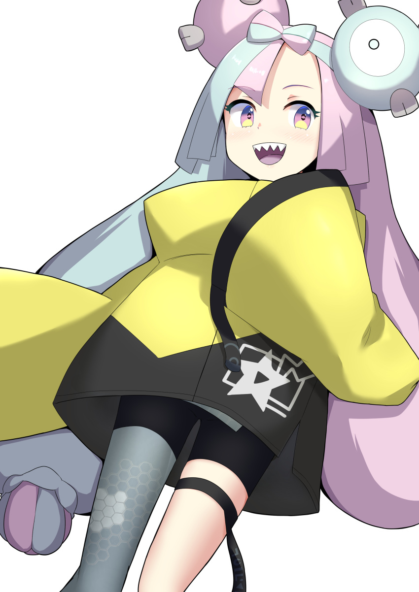 1girl :d absurdres bike_shorts blush bow-shaped_hair character_hair_ornament commentary_request eyelashes green_hair grey_pantyhose hair_ornament hand_up happy highres iono_(pokemon) jacket long_hair multicolored_hair open_mouth pantyhose pokemon pokemon_sv purple_eyes single_leg_pantyhose sleeves_past_fingers sleeves_past_wrists smile solo sorbitol star_(symbol) star_print teeth thigh_strap tongue twintails two-tone_hair upper_teeth_only white_background yellow_jacket