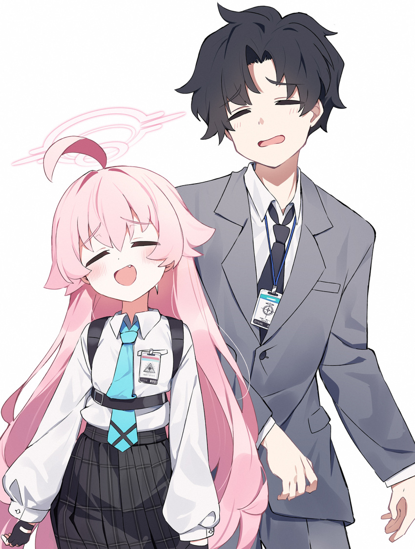 1boy 1girl ahoge black_hair black_necktie black_skirt blue_archive blue_necktie blush chest_harness closed_eyes commentary_request facing_viewer fang grey_suit halo harness height_difference highres hoshino_(blue_archive) id_card lanyard long_hair necktie open_mouth pink_hair pink_halo pleated_skirt school_uniform sensei_(blue_archive) sensei_(blue_archive_the_animation) shirt_tucked_in short_hair simple_background skirt smile suit wagashi928 white_background