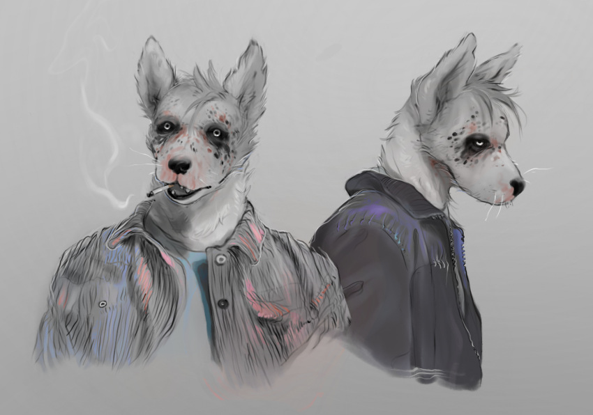 2023 anthro black_lips black_nose black_spots bust_portrait button_(fastener) canid canine canis cigarette clothed clothing coat crimetxt digital_media_(artwork) domestic_dog facial_markings front_view fur grey_background head_markings head_tuft hi_res lips looking_at_viewer male mammal markings open_mouth pale_eyes portrait red_spots shirt side_view simple_background smoke smoking smoking_cigarette solo soul_devouring_eyes spots spotted_markings topwear tuft whiskers white_body white_eyes white_fur zipper