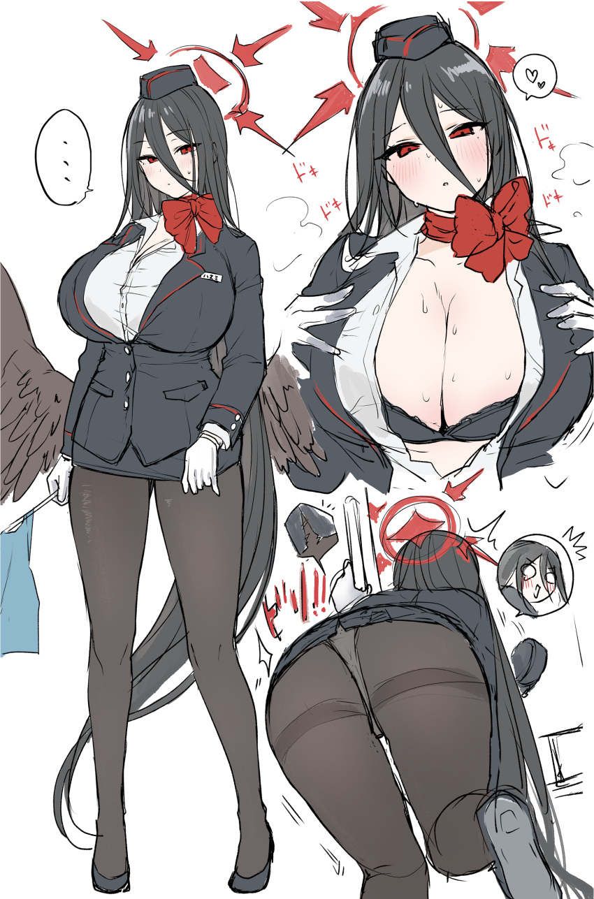 1girl absurdres ass black_bra black_footwear black_hair black_hat black_pantyhose black_wings blue_archive blush bra breasts buttons cleavage emirio_(emirio110) feathered_wings gloves hair_between_eyes halo hasumi_(blue_archive) hat highres huge_breasts long_hair long_sleeves looking_at_viewer multiple_views panties panties_under_pantyhose pantyhose parted_lips red_eyes red_halo shirt shoes suit underwear white_gloves white_panties white_shirt wings