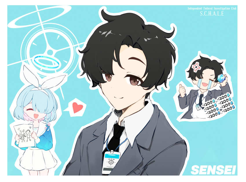 1boy 1girl absurdres arona_(blue_archive) black_hair black_necktie blue_archive blue_archive_the_animation blue_eyes blue_hair blue_halo braid closed_eyes closed_mouth collared_shirt doodle_sensei_(blue_archive) grey_suit hair_over_one_eye hairband halo highres holding long_sleeves male_focus meliach multicolored_hair necktie open_mouth pink_hair pyroxene_(blue_archive) school_uniform sensei_(blue_archive) sensei_(blue_archive_the_animation) shirt short_hair simple_background skirt smile sobbing speech_bubble sticker suit white_hairband white_skirt