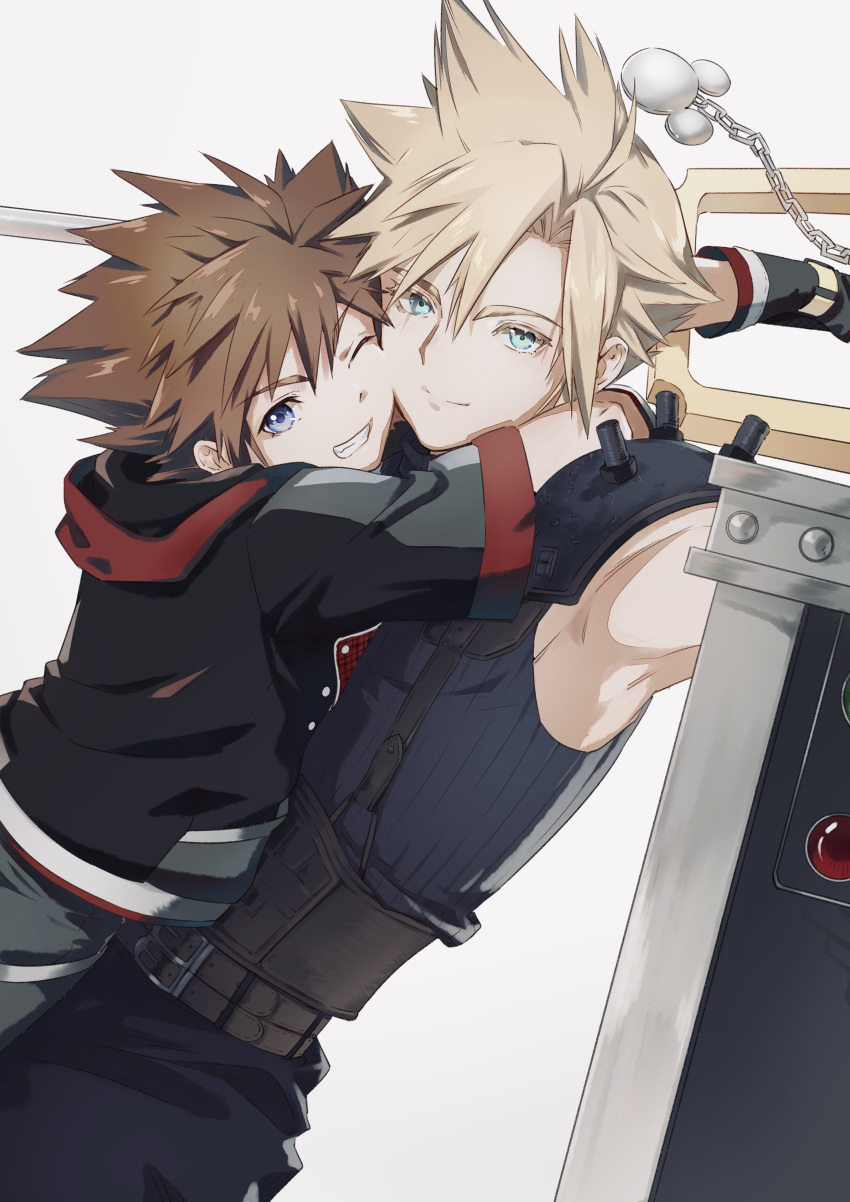 2boys absurdres arm_up armor arms_around_neck belt black_jacket black_pants blonde_hair blue_eyes blue_sweater brown_hair buster_sword cheek-to-cheek cloud_strife commentary fermium.ice final_fantasy final_fantasy_vii grey_background grey_pants grin happy heads_together highres holding holding_sword holding_weapon hood hood_down hug jacket keyblade kingdom_hearts kingdom_hearts_iii leather_belt light_smile male_focus multiple_belts multiple_boys one_eye_closed pants pauldrons short_hair short_sleeves shoulder_armor simple_background sleeveless sleeveless_sweater sleeveless_turtleneck smile sora_(kingdom_hearts) suspenders sweater sword turtleneck turtleneck_sweater upper_body weapon