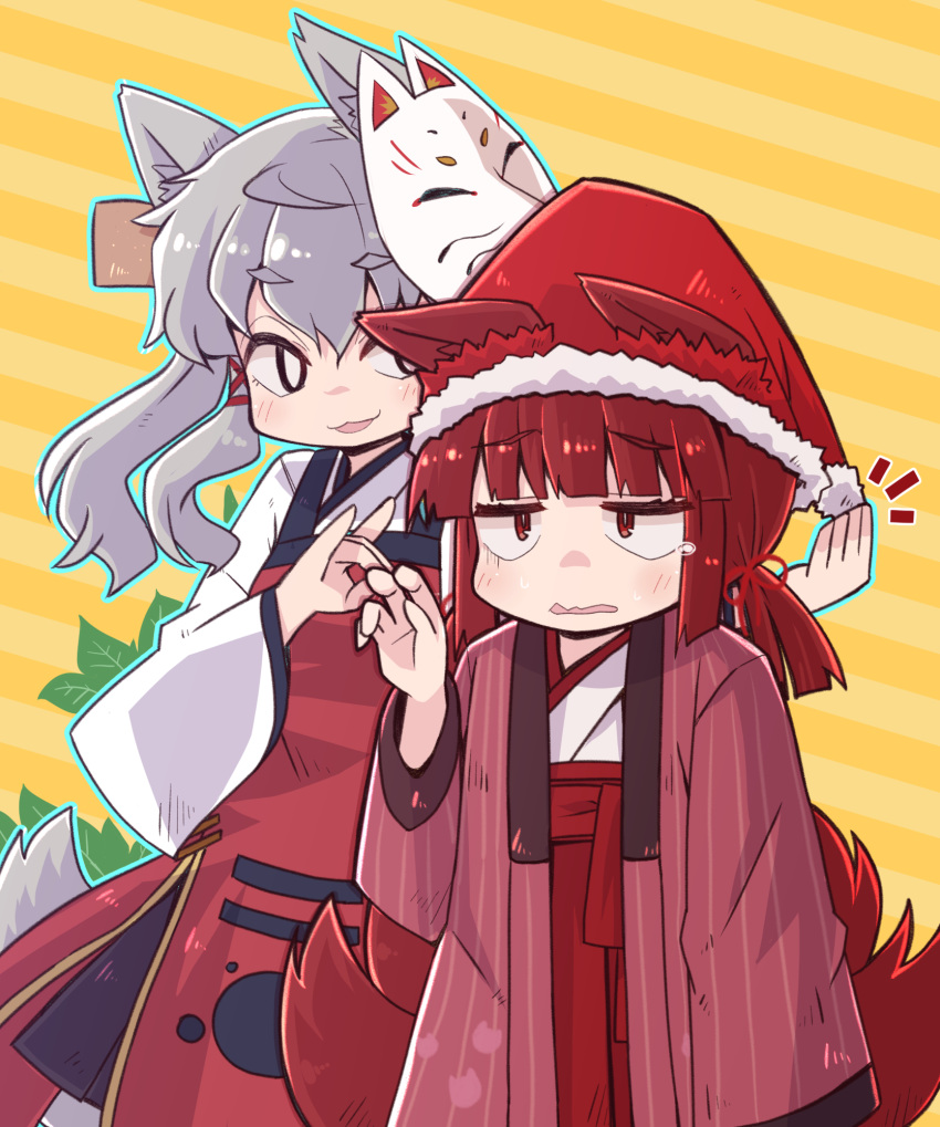 2girls :3 animal_ears apron bright_pupils christmas claw_pose commentary_request cowboy_shot fox_ears fox_girl fox_mask fox_shadow_puppet fox_tail grey_hair grey_tail hair_ribbon hakama hakama_skirt hand_on_headwear hand_up haori hat highres jacket japanese_clothes kimono light_blush long_hair long_sleeves looking_at_another mask mask_on_head multiple_girls multiple_tails notice_lines original parted_lips red_apron red_eyes red_hair red_jacket red_ribbon red_sash red_skirt red_tail ribbon santa_hat sash side_slit simple_background skirt striped_background tail tearing_up twintails wavy_mouth white_kimono white_pupils wide_sleeves yellow_background yukinagi