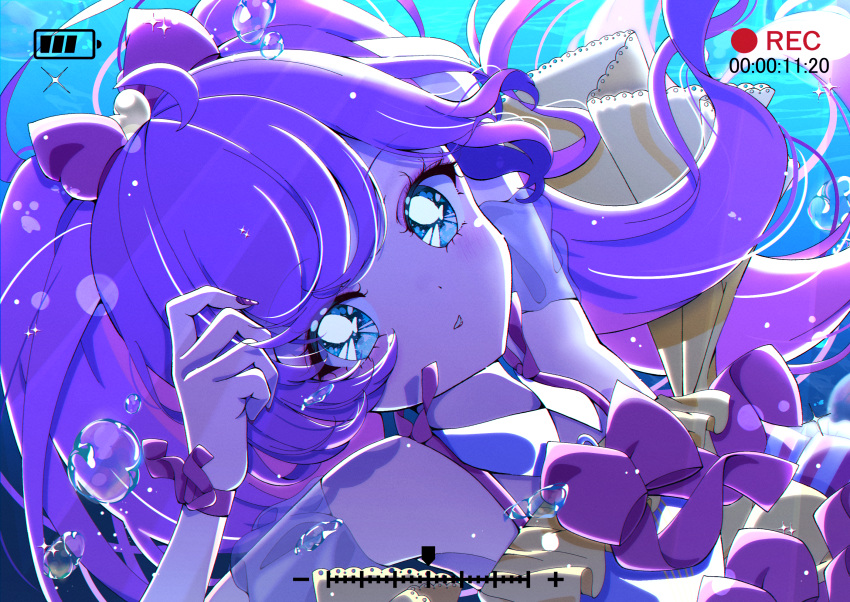 1girl ahoge air_bubble arm_up backlighting battery_indicator blue_background blue_eyes bow bubble commentary_request floating_hair hair_bow hand_up highres idol_clothes long_hair looking_at_viewer manaka_laala milon_cas parted_lips pink_bow pretty_series pripara purple_hair recording solo sparkle twintails underwater upper_body very_long_hair