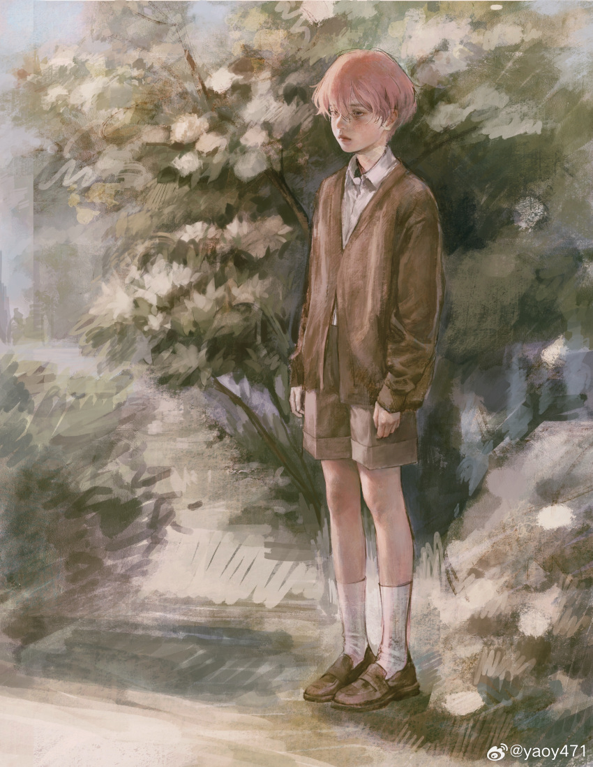 1boy absurdres androgynous brown_footwear brown_jacket brown_shorts bush closed_mouth collared_shirt expressionless faux_traditional_media flower hair_between_eyes highres jacket loafers long_sleeves male_focus original outdoors pink_hair realistic shirt shoes short_hair shorts socks solo standing tree weibo_logo weibo_username white_flower white_shirt white_socks yaoy