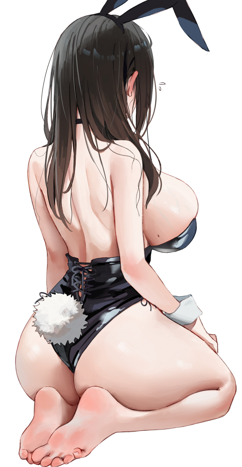 1girl absurdres animal_ears ass back barefoot black_hair black_leotard breasts fake_animal_ears fake_tail gompang_11 highres large_breasts leotard long_hair mole mole_on_breast original playboy_bunny sideboob soles solo tail white_background wrist_cuffs