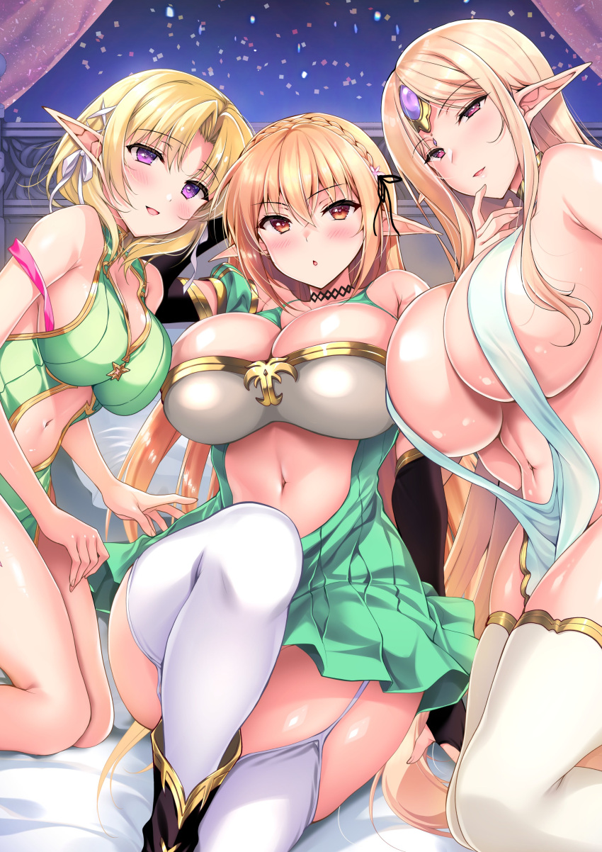 absurdres black_choker blonde_hair blue_eyes breasts choker elf green_eyes highres huge_breasts large_breasts long_hair medium_breasts medium_hair ninoko no_bra non-web_source original pleated_skirt pointy_ears revealing_clothes skirt sylpha_(ninoko) thighhighs white_thighhighs yellow_eyes