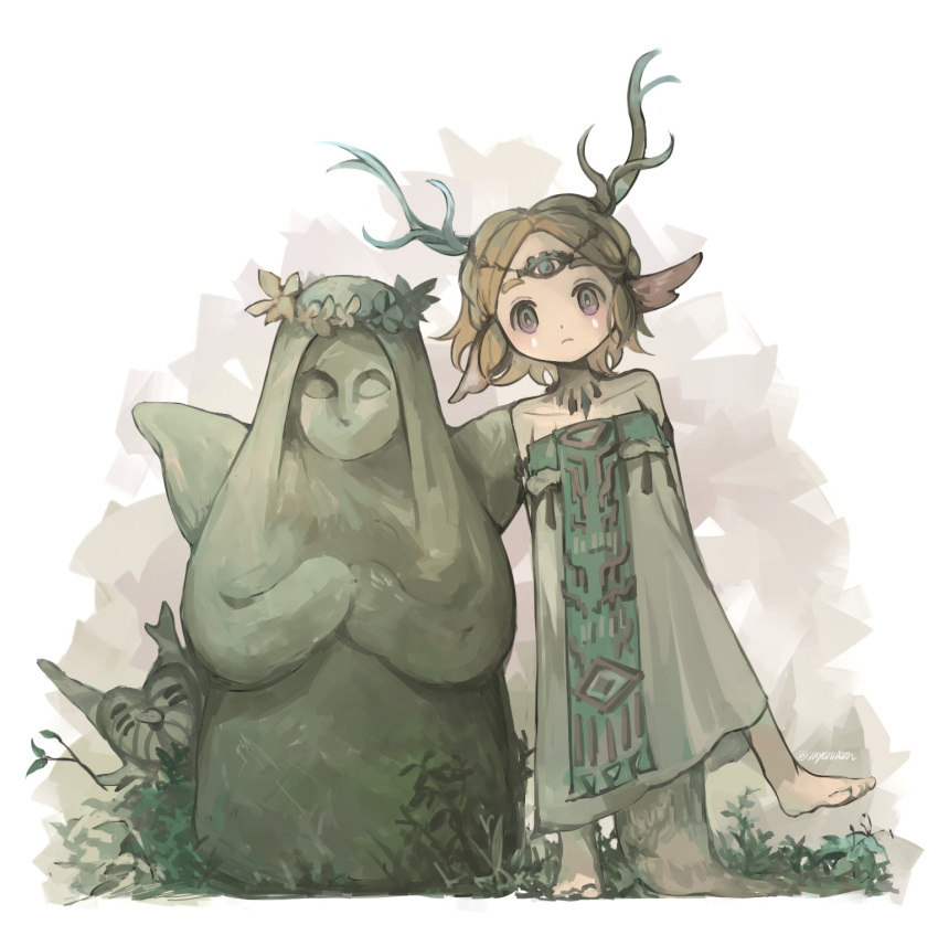 1girl aged_down antlers arms_behind_back barefoot circlet closed_mouth commentary deer_girl dress full_body grass head_wreath highres horns korok light_frown myon_(myonninn) pointy_ears princess_zelda sleeveless ss standing standing_on_one_leg statue tail the_legend_of_zelda the_legend_of_zelda:_tears_of_the_kingdom white_background white_dress