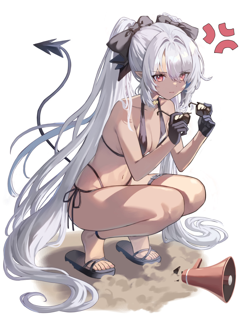1girl absurdres anger_vein bare_arms bare_legs bare_shoulders bikini black_bikini black_gloves black_tail blue_archive blush breasts closed_mouth collarbone dark-skinned_female dark_skin demon_tail feet full_body gloves greenapple grey_hair hair_between_eyes highres holding holding_removed_eyewear iori_(blue_archive) iori_(swimsuit)_(blue_archive) legs long_hair navel no_halo official_alternate_costume pointy_ears red_eyes sandals simple_background small_breasts solo squatting sunglasses swimsuit tail toenails toes unworn_eyewear white_background