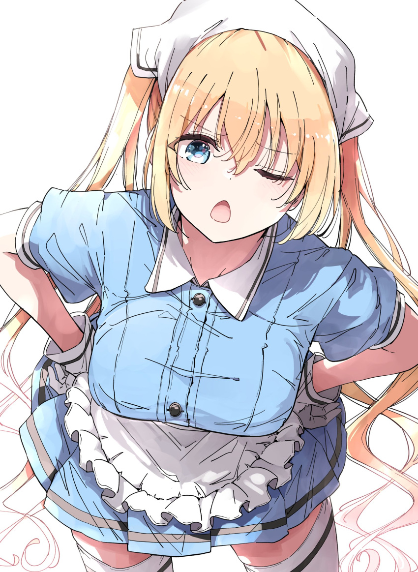 1girl apron blend_s blonde_hair blue_eyes blue_shirt blue_skirt breasts collared_shirt frilled_apron frills gloves hair_between_eyes hand_on_own_hip head_scarf highres hinata_kaho large_breasts long_hair looking_at_viewer maid nyoijizai one_eye_closed open_mouth pleated_skirt puffy_short_sleeves puffy_sleeves shirt short_sleeves simple_background skirt smile solo stile_uniform thighhighs twintails very_long_hair waist_apron waitress white_apron white_background white_gloves white_thighhighs