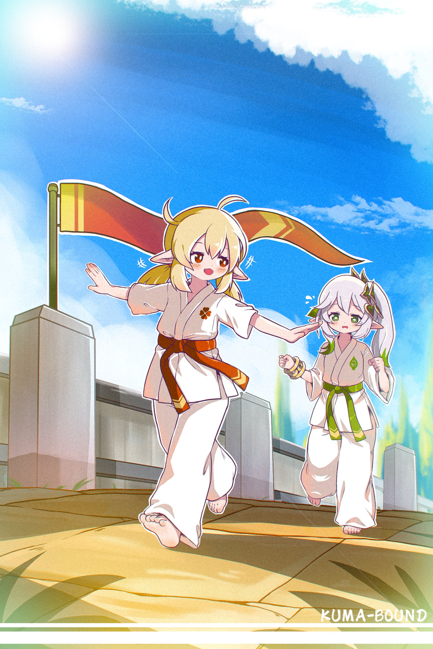 +++ 2girls absurdres ahoge artist_name barefoot belt blonde_hair blue_sky bracelet chinese_commentary cloud commentary_request dougi feet flag flying_sweatdrops full_body genshin_impact green_belt green_eyes highres jewelry klee_(genshin_impact) kuma-bound long_hair low_twintails martial_arts_belt multiple_girls nahida_(genshin_impact) open_mouth outdoors outstretched_arms pants pointy_ears red_belt red_eyes running sky smile soles sun sunlight toes twintails white_hair white_pants