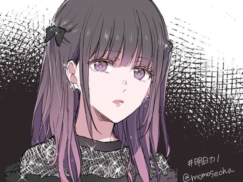 1girl ashita_watashi_wa_dareka_no_kanojo black_bow black_hair blunt_bangs bow closed_mouth copyright_name earrings gradient_hair hair_bow highres jewelry jirai_kei long_hair looking_at_viewer momose_(momosecha) multicolored_hair pink_lips purple_eyes purple_hair solo takahashi_yua twintails twitter_username upper_body