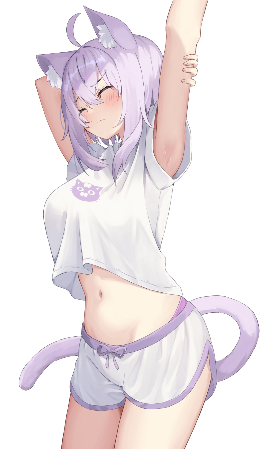 1girl absurdres alternate_costume animal_ear_fluff animal_ears armpits arms_up blush breasts cat_ears cat_girl cat_tail closed_eyes hands_up highres hololive kajitsu_no_hito large_breasts navel nekomata_okayu purple_hair shirt short_hair shorts simple_background solo stretching tail thighs virtual_youtuber white_background white_shirt