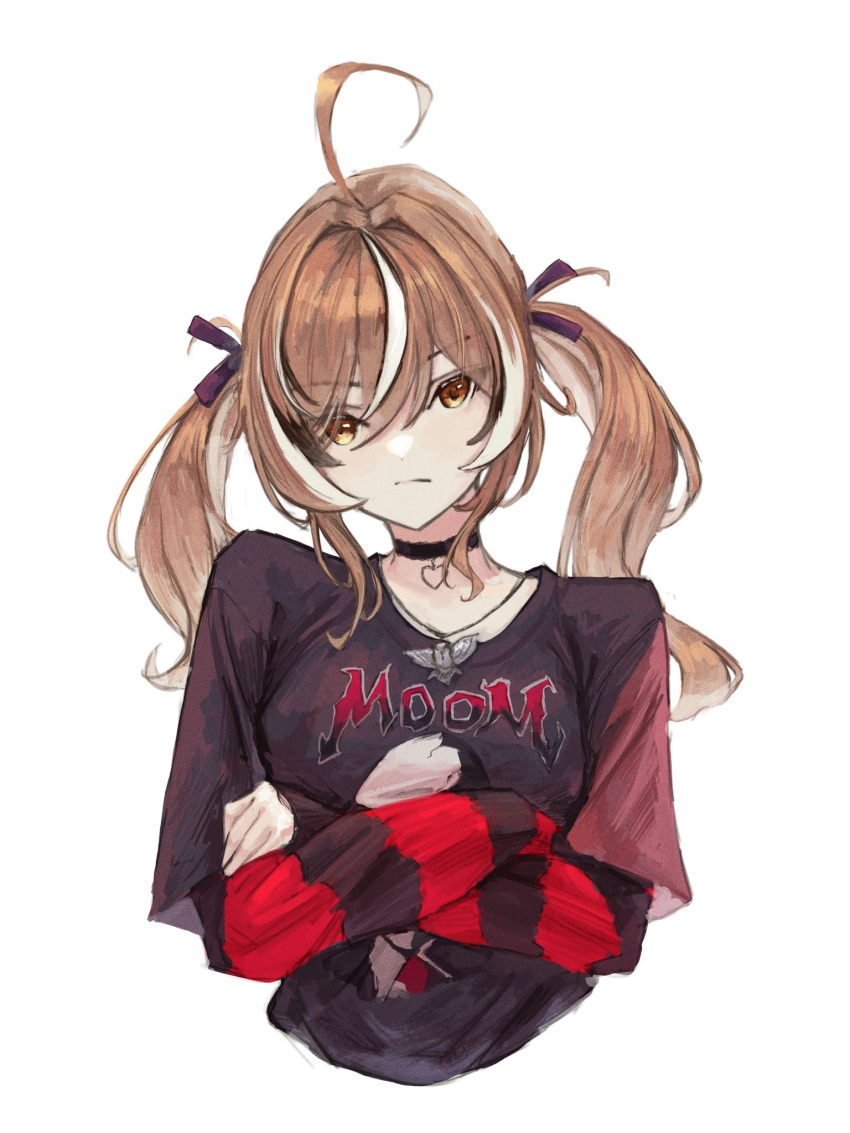 1girl ahoge black_ribbon black_shirt black_sweater brown_eyes brown_hair choker commentary crossed_arms emo_fashion frown hair_ribbon heart heart_choker highres hololive hololive_english huge_ahoge jewelry lace-trimmed_choker lace_trim layered_sleeves long_sleeves looking_at_viewer multicolored_hair nanashi_mumei nanashi_mumei_(emo) necklace nightmare_(nanashi_mumei) red_sweater ribbon shirt short_over_long_sleeves short_sleeves streaked_hair sweater sweater_under_shirt symbol-only_commentary t-shirt tablicoart twintails two-tone_sweater virtual_youtuber
