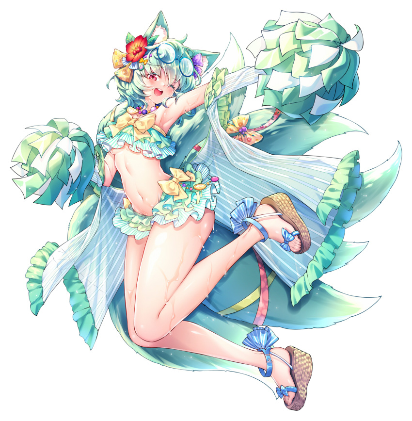 1girl ;d animal_ear_fluff animal_ears armpits bikini blue-framed_eyewear blush brown_footwear commission eyewear_on_headwear flower frilled_jacket frills full_body glasses green_hair hair_flower hair_ornament highres holding jacket kitsune long_sleeves looking_at_viewer navel off_shoulder one_eye_closed open_clothes open_jacket original outstretched_arm pom_pom_(cheerleading) poseich red_eyes red_flower round_eyewear sandals simple_background smile solo striped_bikini striped_clothes striped_jacket swimsuit teeth upper_teeth_only vertical-striped_bikini vertical-striped_clothes vertical-striped_jacket white_background