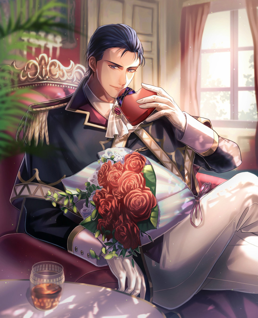 1boy absurdres bouquet box chair commission commissioner_upload cup epaulettes fire_emblem fire_emblem:_thracia_776 flower gloves heart-shaped_box highres reinhardt_(fire_emblem) reinhardt_(thrud_reborn)_(fire_emblem) ribbon rose sitting skeb_commission soubi1022 valentine window