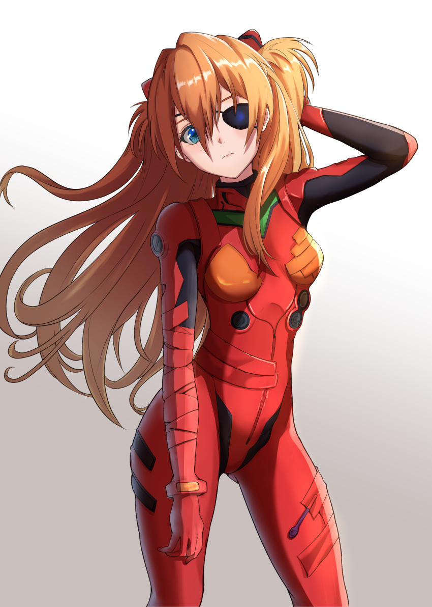 1girl absurdres arm_behind_back ass_visible_through_thighs bandaged_arm bandages blue_eyes bodysuit breasts commentary_request contrapposto eyepatch gradient_background highres interface_headset long_hair medium_breasts neon_genesis_evangelion orange_hair plugsuit rebuild_of_evangelion red_bodysuit solo souryuu_asuka_langley two_side_up yami_anko