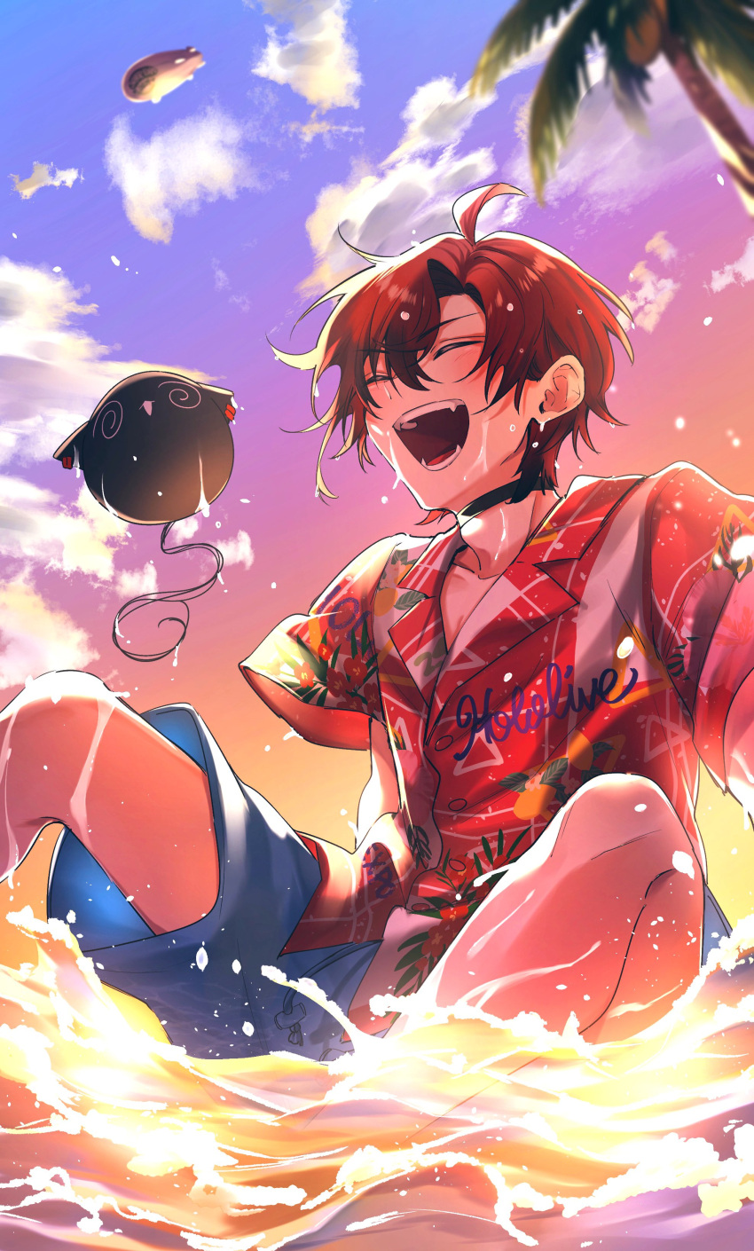 1boy absurdres black_choker blue_shorts choker cloud creature gradient_sky hair_between_eyes happy hawaiian_shirt highres holostars holostars_english machina_x_flayon machiroon_(machina_x_flayon) male_focus ocean open_mouth palm_tree peke_(pekepeke_999) red_hair shirt short_hair shorts sitting sky smile solo tree virtual_youtuber water_drop wet wet_clothes wet_hair