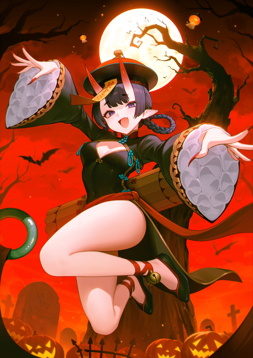 1girl 95--- absurdres bare_tree bat_(animal) bell black_dress black_footwear black_hat braid braided_hair_rings breasts china_dress chinese_clothes cleavage_cutout clothing_cutout covered_navel dress fang fate/grand_order fate_(series) fingernails full_body full_moon halloween hat highres horns jack-o'-lantern jiangshi_costume jingle_bell long_fingernails long_hair long_sleeves looking_at_viewer medium_breasts moon nail_polish night night_sky official_alternate_costume ofuda oni open_mouth outdoors pointy_ears purple_eyes purple_hair qingdai_guanmao red_horns red_nails sharp_fingernails shuten_douji_(fate) shuten_douji_(festival_outfit)_(fate) shuten_douji_(onmyoji) skin_fang sky small_breasts smile solo thighs tombstone tree wide_sleeves