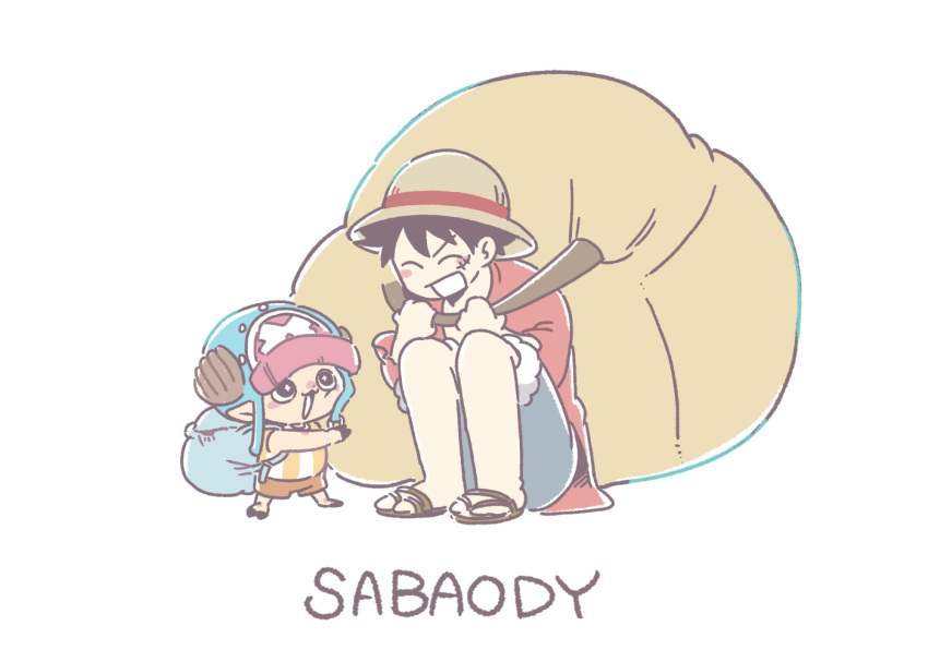 2boys ^_^ antlers bag blue_bag blush_stickers closed_eyes cross excited hat horns karrrrrrrps male_focus monkey_d._luffy multiple_boys one_piece red_shirt reindeer_antlers sandals scar scar_on_face shirt shoulder_bag simple_background smile squatting straw_hat tony_tony_chopper white_background