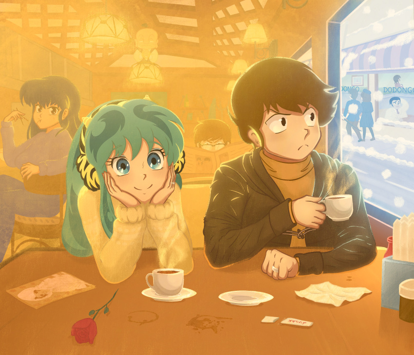 2boys 2girls absurdres animal_print bar_stool black_coat black_hair blue_eyes blue_kimono brown_eyes brown_hair chopsticks coat coffee dobri~ earmuffs flower glasses green_hair hands_on_own_face highres japanese_clothes jewelry kimono leopard_print lum moroboshi_ataru multiple_boys multiple_girls newspaper ring rose sakura_(urusei_yatsura) short_hair smile snowing stool sweater turtleneck urusei_yatsura yellow_sweater