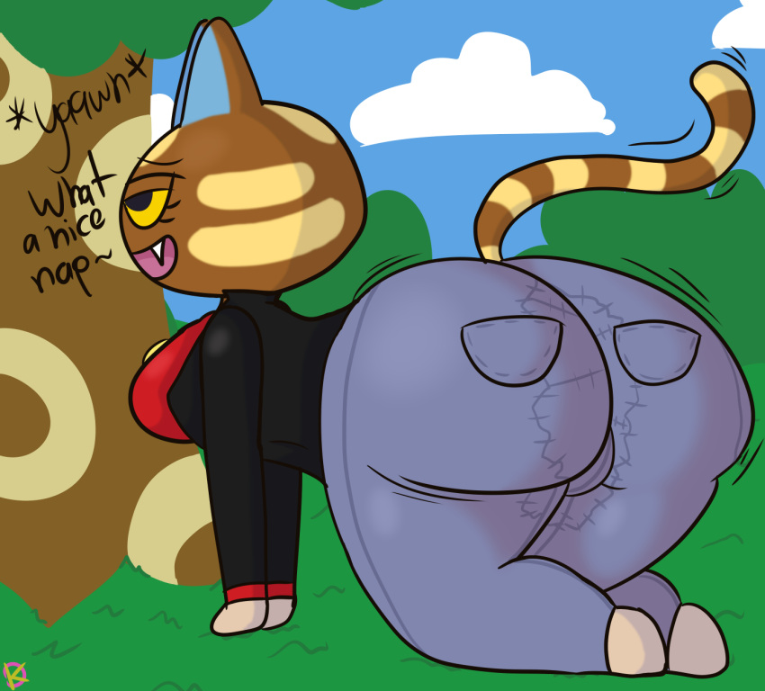 animal_crossing anthro bent_over big_butt bottomwear bubble_butt butt clothing denim denim_bottomwear denim_clothing domestic_cat felid feline felis female hi_res jeans katt_(animal_crossing) klutzatdusk mammal nintendo pants patched_clothing solo tight_clothing torn_clothing waking_up