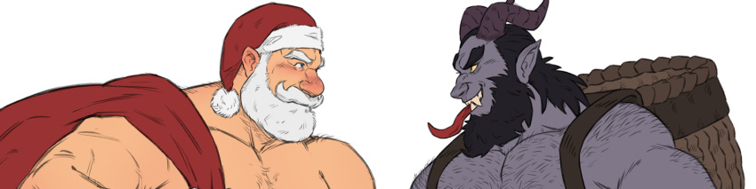 2boys back_hair bara beard beard_over_mouth black_hair blank_eyes blush christmas curled_horns demon_boy eye_contact facial_hair from_side full_beard growlygruntz hairy hat highres horns krampus large_pectorals long_tongue looking_at_another male_focus mature_male multiple_boys muscular muscular_male original pectorals profile sack santa_claus santa_hat short_hair sparse_chest_hair thick_beard thick_eyebrows tongue twitter_banner upper_body white_hair wide_image