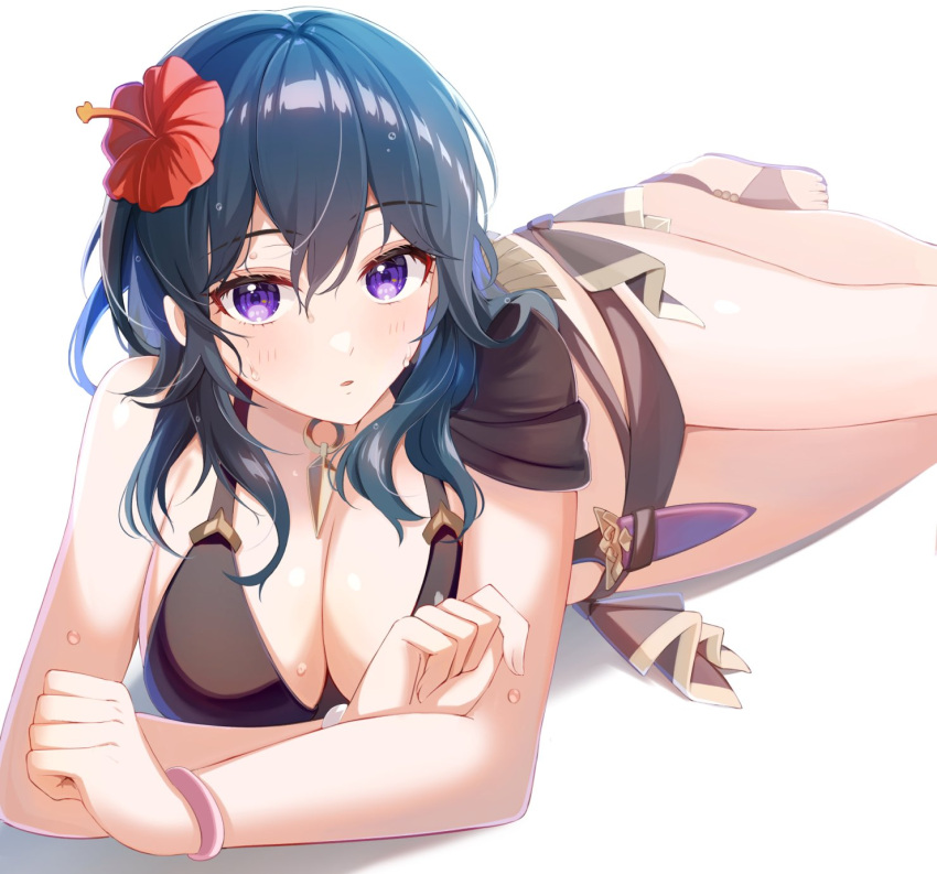 1girl bare_arms bare_shoulders bikini black_bikini blue_hair breasts byleth_(female)_(fire_emblem) byleth_(female)_(summer)_(fire_emblem) byleth_(fire_emblem) commentary fire_emblem fire_emblem:_three_houses fire_emblem_heroes flower highres large_breasts long_hair looking_at_viewer official_alternate_costume parted_lips purple_eyes red_flower satoimo_chika simple_background solo swimsuit thighs white_background