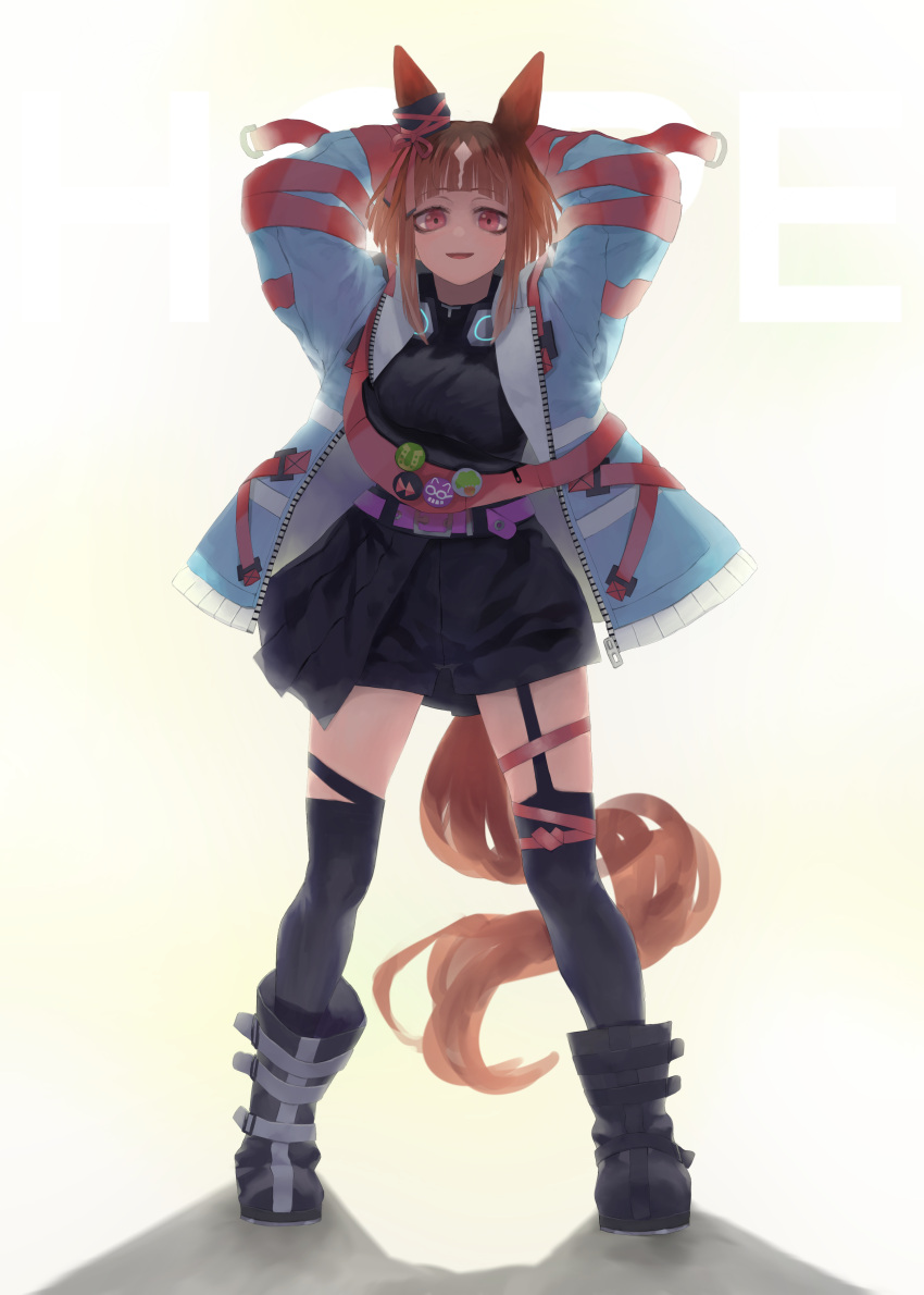 1girl absurdres animal_ears aqua_coat arm_at_side arms_up black_footwear black_shirt black_thighhighs boots breasts brown_hair coat commentary_request cropped_torso ear_ornament fingerless_gloves full_body garter_straps glasses gloves grin hands_up headphones headphones_around_neck highres horse_ears light_blush looking_at_viewer medium_breasts one_eye_closed open_clothes open_coat red_eyes shirt short_hair simple_background smile solo sparkle thighhighs tonariuta transcend_(umamusume) umamusume white_background