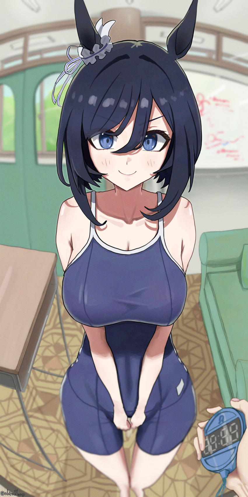 1girl absurdres ahiru3desuyo animal_ears black_hair blue_eyes blue_one-piece_swimsuit blurry blurry_background breasts classroom cleavage closed_mouth commentary_request competition_school_swimsuit couch desk disembodied_limb door ear_ornament eishin_flash_(umamusume) feet_out_of_frame hair_between_eyes highres holding_stopwatch horse_ears horse_girl horse_tail indoors large_breasts one-piece_swimsuit school_desk school_swimsuit short_hair smile solo_focus standing stopwatch swimsuit tail tracen_swimsuit umamusume v-shaped_eyebrows whiteboard
