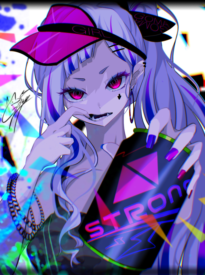 1girl earrings fangs fingernails goma_irasuto greyscale highres hoop_earrings jewelry long_hair looking_at_viewer monochrome mouth_pull multicolored_nails nail_polish original pink_eyes ponytail signature soda solo visor_cap white_hair