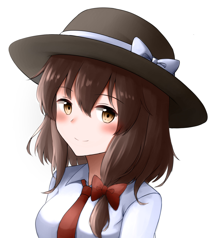 1girl black_hat blush bow brown_hair closed_mouth commentary english_commentary hair_between_eyes hair_bow hat hat_bow highres kuneamorai long_hair looking_at_viewer necktie portrait red_bow red_necktie shirt simple_background smile solo touhou usami_renko white_background white_bow white_shirt yellow_eyes