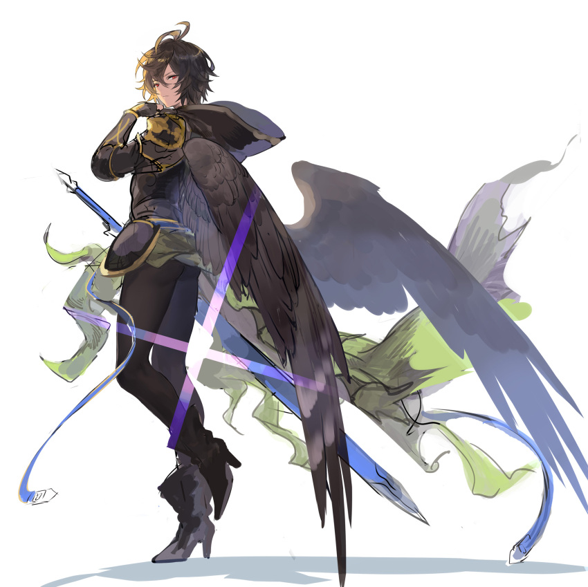 1boy ahoge arm_up belt bishounen blue_belt boots brown_hair brown_wings cape commentary commentary_request expressionless feathered_wings flashing from_side full_body granblue_fantasy green_cape hair_between_eyes high_heel_boots high_heels highres holding holding_sword holding_weapon hood hood_down light light_frown looking_at_viewer male_focus messy_hair osamu_(jagabata) pants red_eyes sandalphon_(granblue_fantasy) short_hair simple_background sketch solo_focus sword tight_clothes tight_pants weapon white_background wings