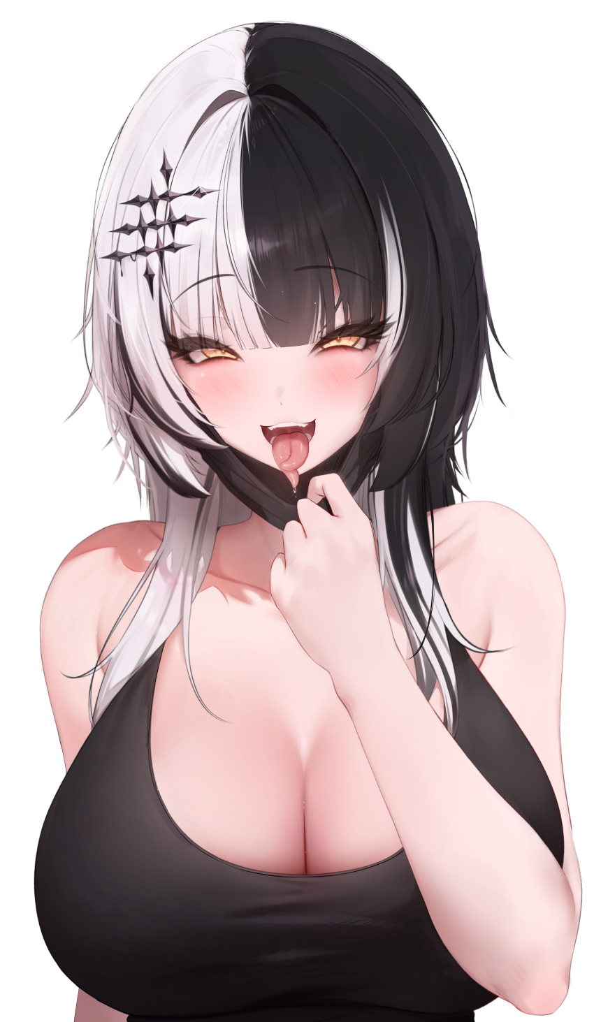 1girl absurdres bare_shoulders black_hair black_mask black_tank_top blush breasts cleavage collarbone forked_tongue grey_hair hair_between_eyes hair_ornament hand_up highres hololive hololive_english large_breasts long_hair looking_at_viewer mask mask_pull mouth_mask multicolored_hair open_mouth prab pulled_by_self saliva shiori_novella smile solo split-color_hair tank_top teeth tongue tongue_out two-tone_hair upper_body virtual_youtuber white_background yellow_eyes